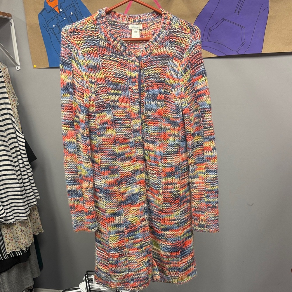 Sundance Multicolor Chunky Knit Cardigan in Blue, Coral & Lime